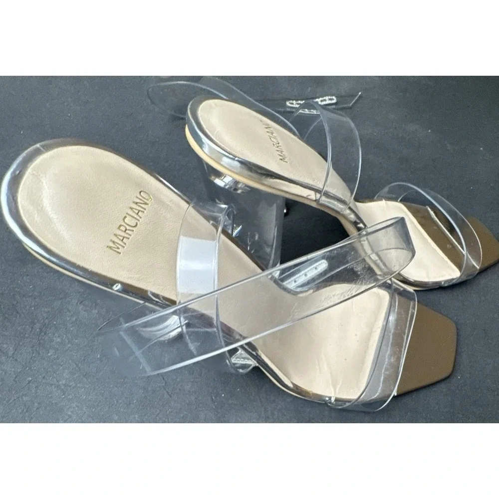 Marciano Clear‎ Strap Heels Square Toe Silver Metallic Nude Mules 8.5 38.5